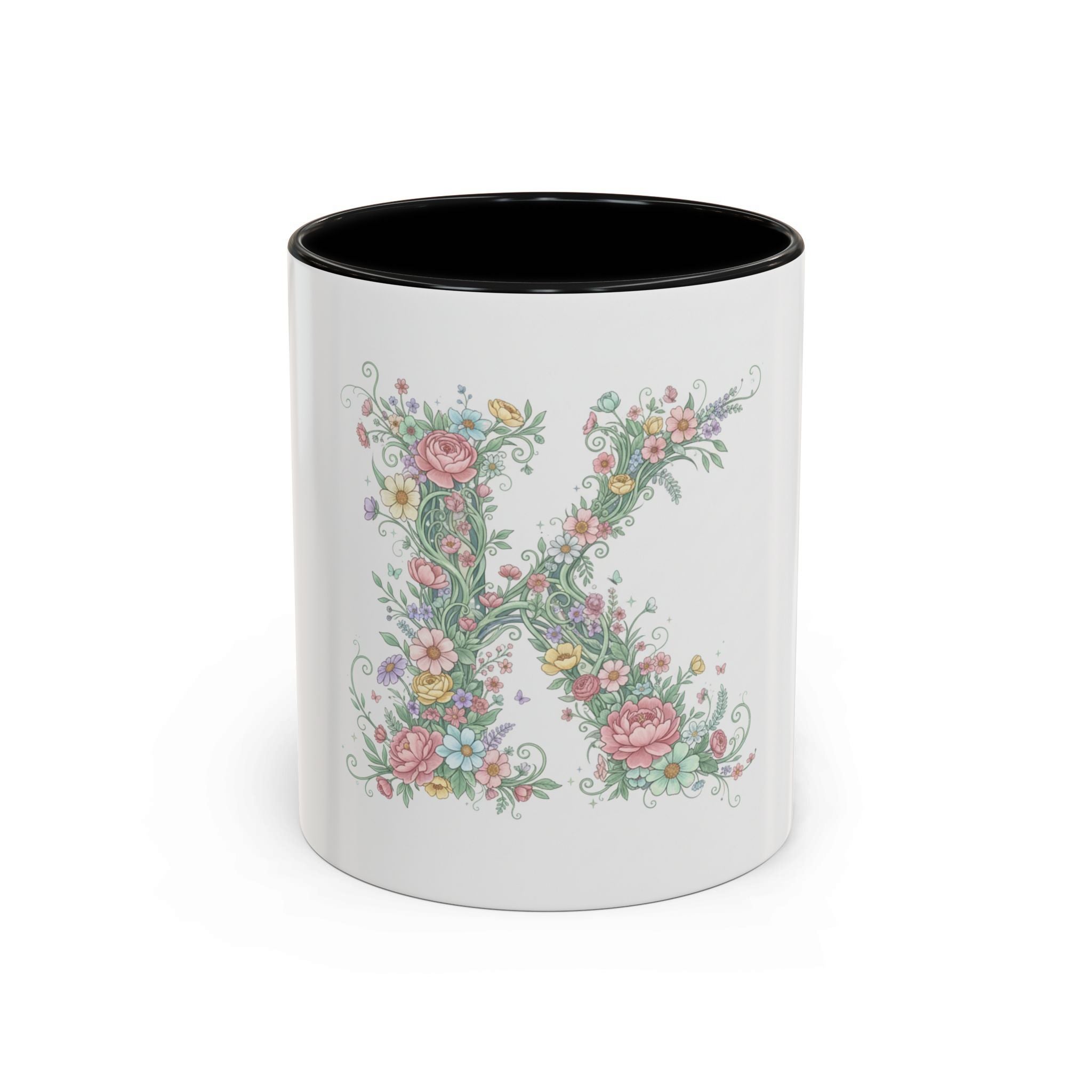 Floral Monogram 'K' Accent Coffee Mug — Elegant Initial Gift (11oz, 15oz)