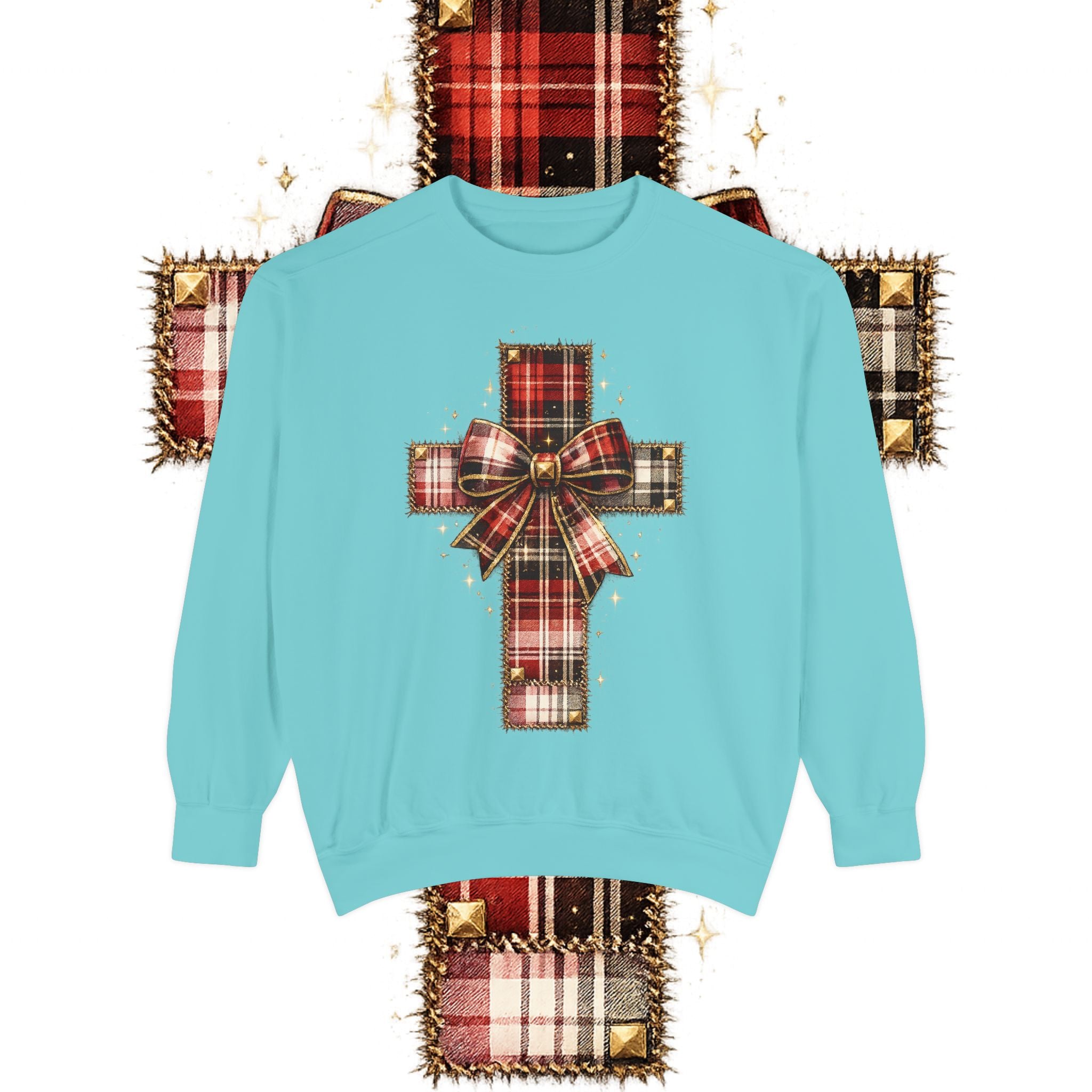 Plaid Bow Cross Sweatshirt — Christmas Plaid Religious Holiday Crewneck