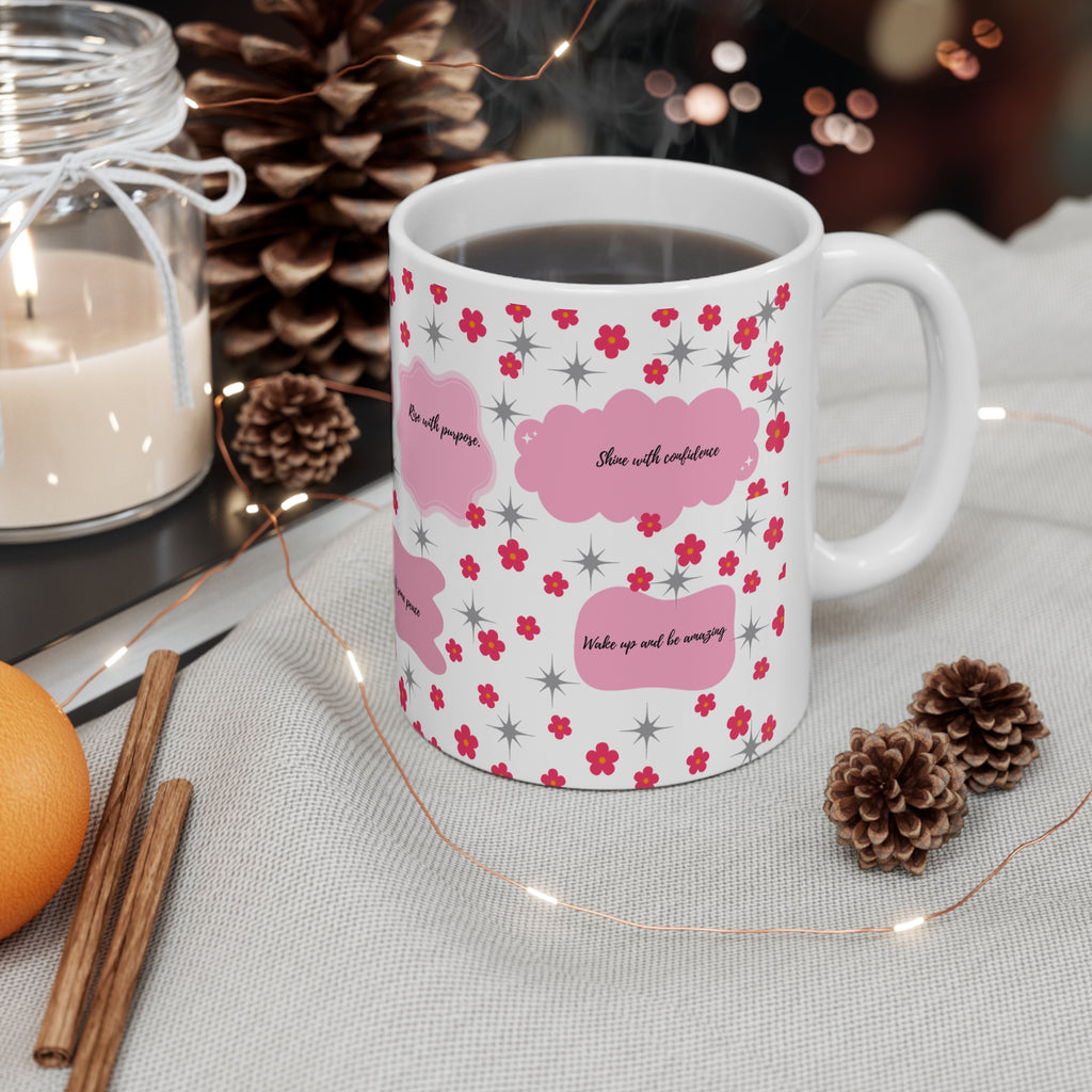 Pink Floral Motivational Mug — Positive Quote Coffee Cup, 11oz Ceramic