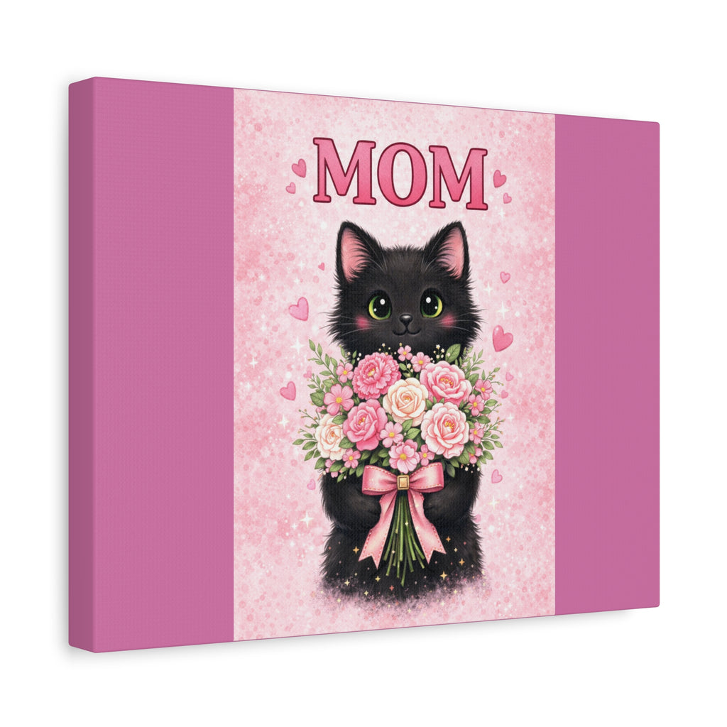 Mom Cat Canvas Print — Cute Black Kitten Holding Pink Bouquet (Mother's Day Gift)