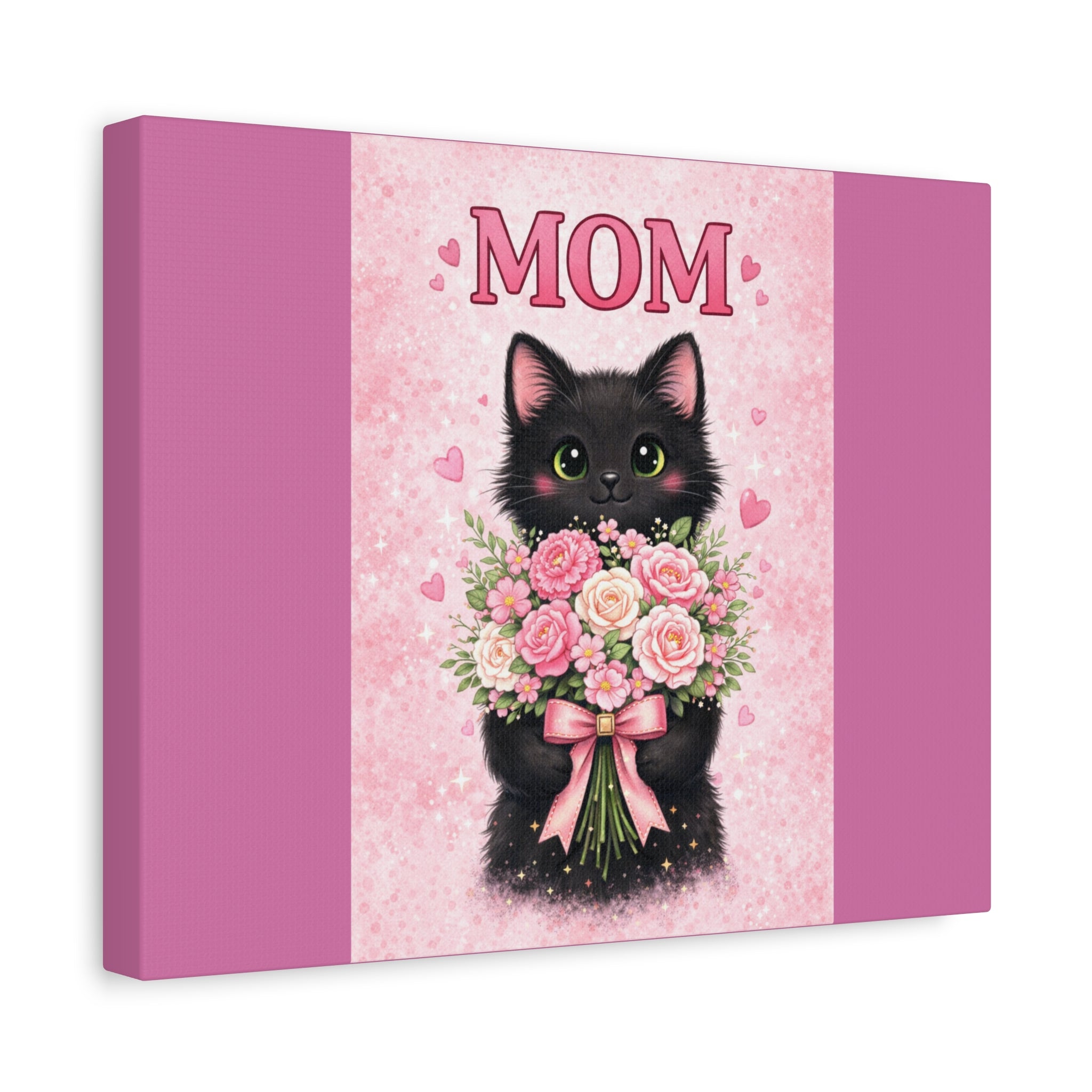 Mom Cat Canvas Print — Cute Black Kitten Holding Pink Bouquet (Mother's Day Gift)
