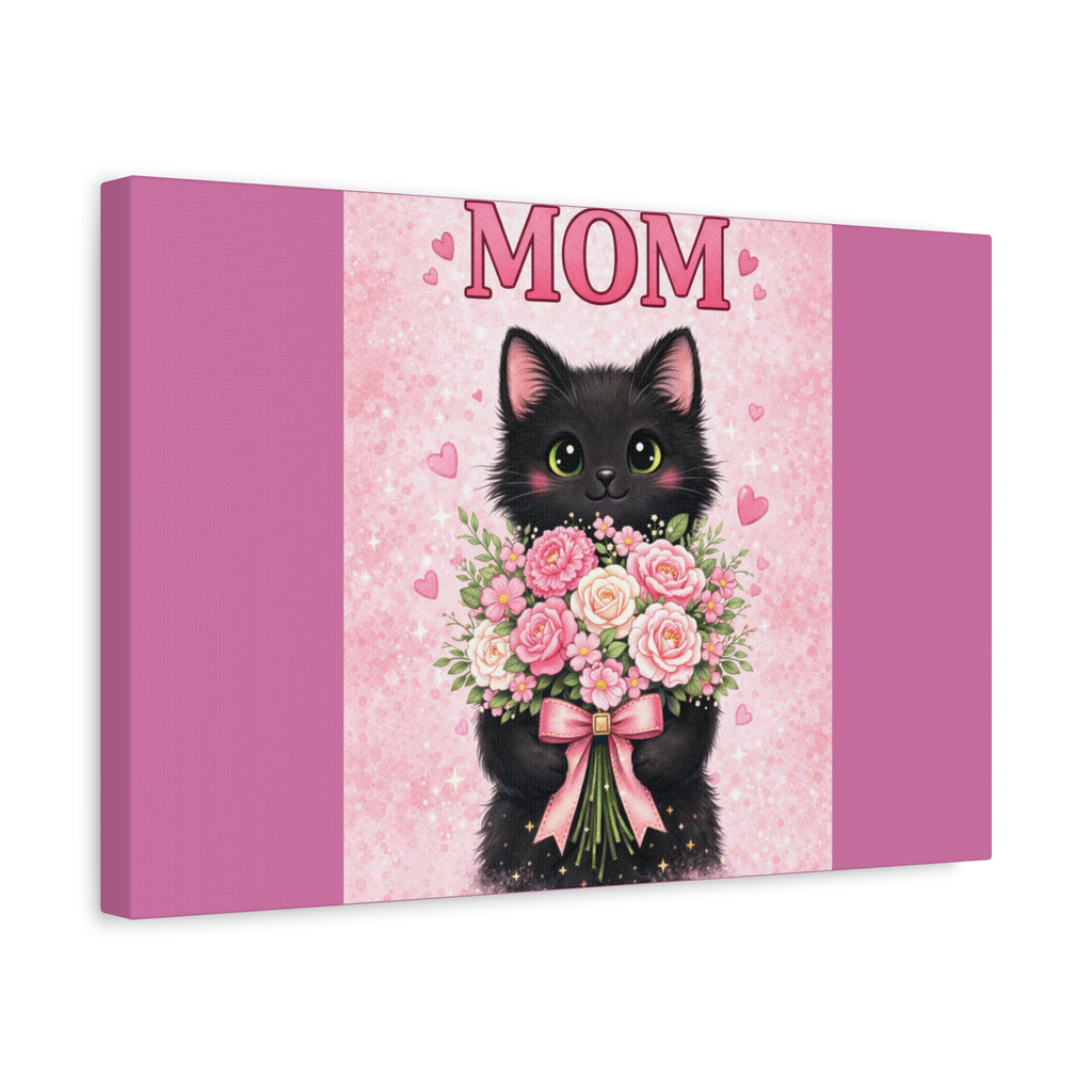 Mom Cat Canvas Print — Cute Black Kitten Holding Pink Bouquet (Mother's Day Gift)