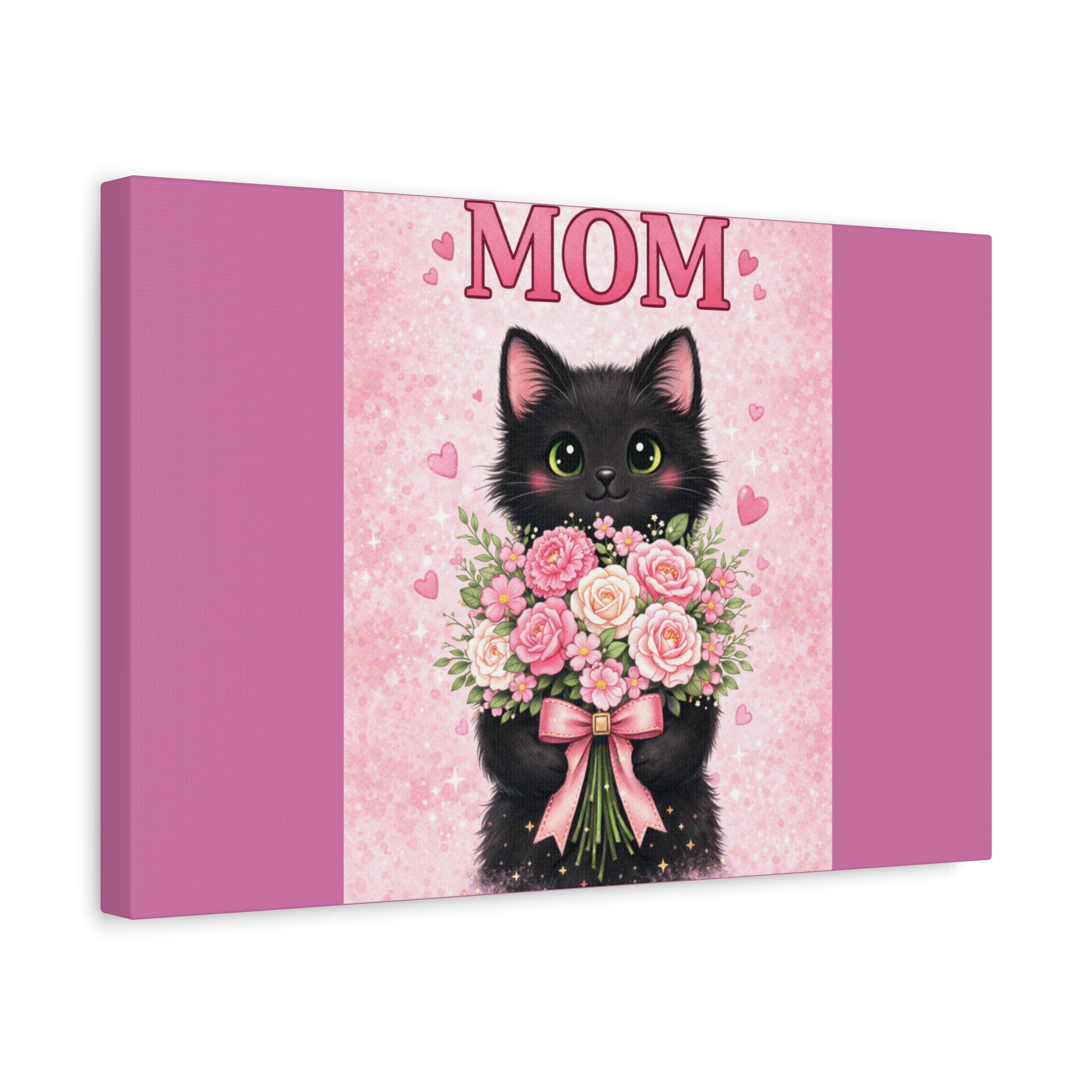 Mom Cat Canvas Print — Cute Black Kitten Holding Pink Bouquet (Mother's Day Gift)