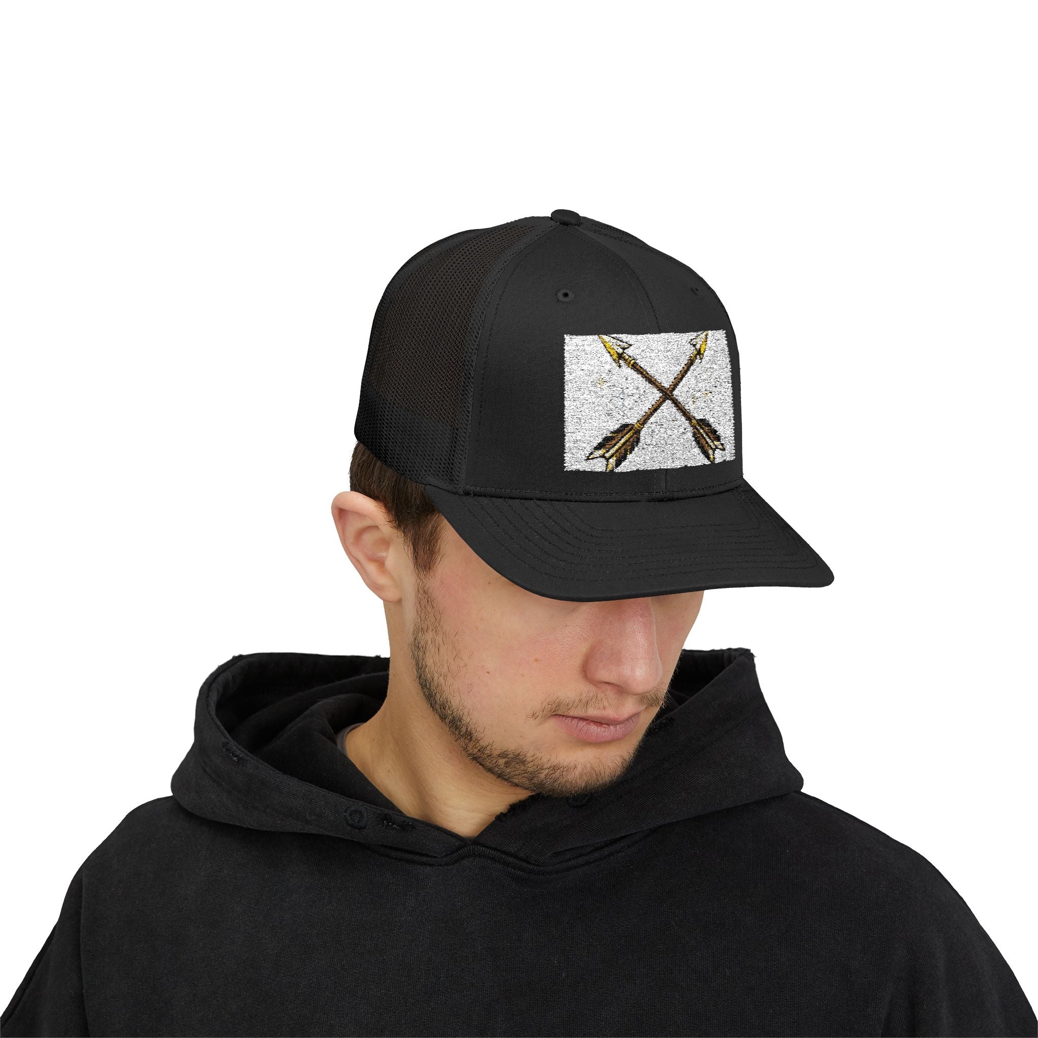 Arrow Cross Trucker Cap — Rustic Tribal Arrow Snapback Hat